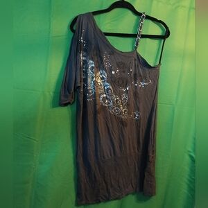 C Graffitti Gray Peackcock Feather Off Ahoulder